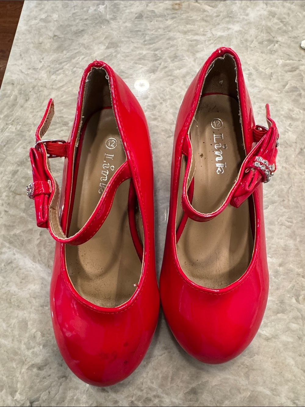 Red Patent Mary Jane Heels with Bow Detail